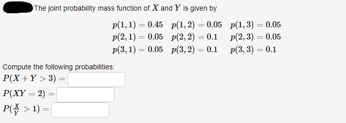 The joint probability mass function of X and Y is given by
p(1,1) — 0.45 p(1,2) — 0.05 р(1,3) — 0.05
p(2, 1) = 0.05 p(2,2) = 0.1
p(3, 1) = 0.05 p(3, 2) = 0.1
%3D
p(2, 3) = 0.05
p(3, 3) = 0.1
%3D
%3D
Compute the following probabilities:
P(X+Y > 3) =
P(XY = 2) =
P( > 1) =
