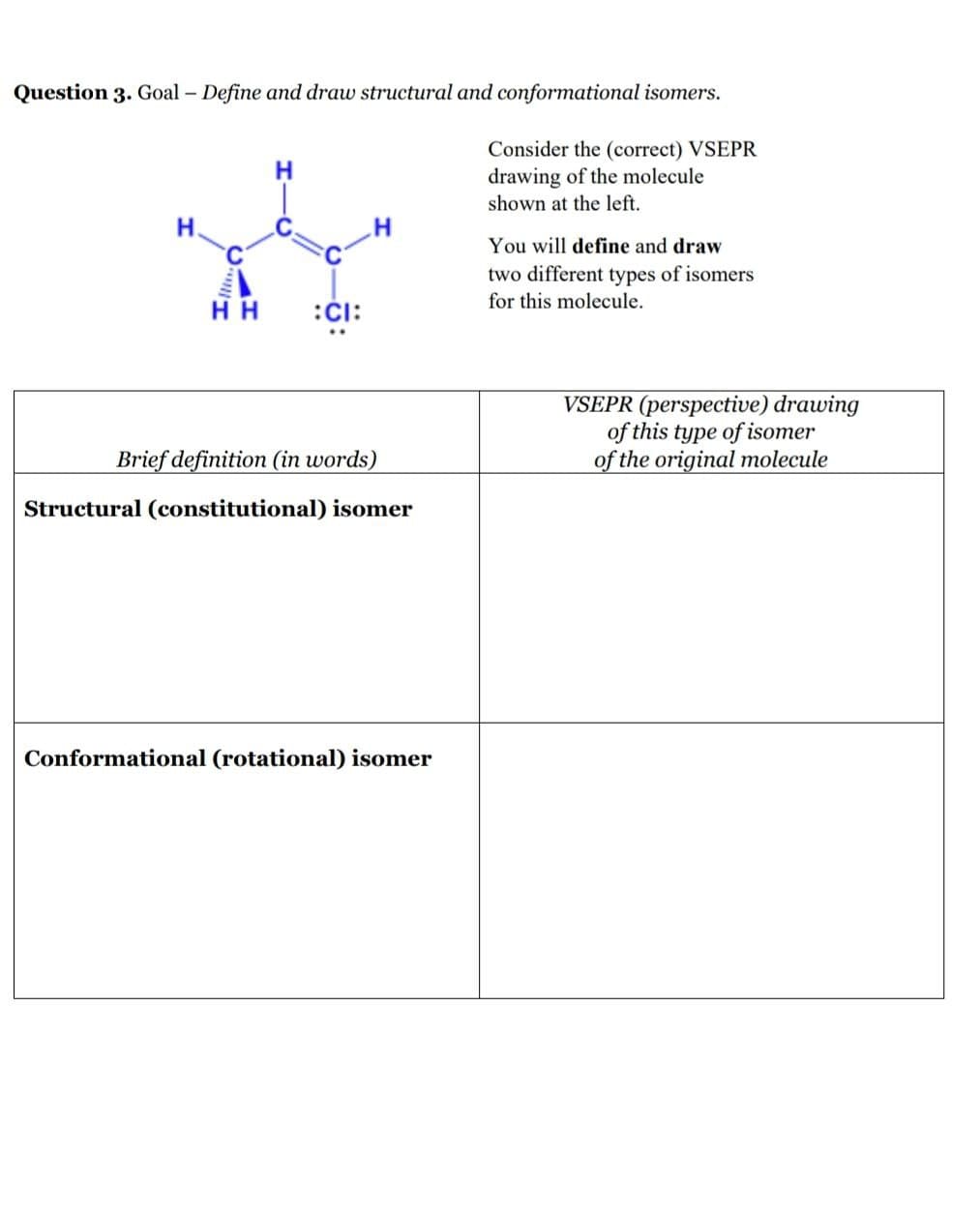 Question 3. Goal - Define and draw structural and conformational isomers.
H.
Consider the (correct) VSEPR
drawing of the molecule
shown at the left.
You will define and draw
two different types of isomers
for this molecule.
HH
:CI:
Brief definition (in words)
Structural (constitutional) isomer
VSEPR (perspective) drawing
of this type of isomer
of the original molecule
Conformational (rotational) isomer