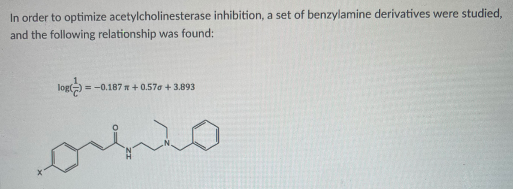 In order to optimize acetylcholinesterase inhibition, a set of benzylamine derivatives were studied,
and the following relationship was found:
log=
= -0.187 n + 0.57o + 3.893
