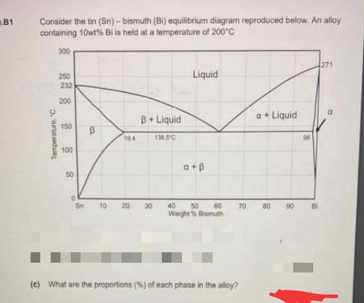 Consider the tin (Sn)- bismuth (Bi) equilibrium diagram reproduced below. An alloy
containing 10wt% Bi is held at a temperature of 200°C
B1
300
271
Liquid
250
232
200
B+ Liquid
a + Liquid
150
184
138.5C
100
a+B
50
Sn
10 20
30
40
50
Weight Bismuth
60
70
80
90
Bi
(c) What are the proportionn (%) of each phase in the alloy?
5. angeadue
