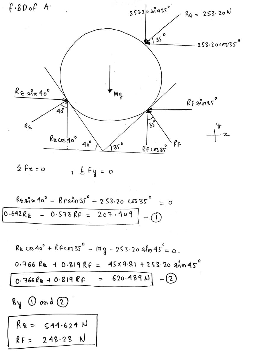 F.BD of A.
2532b sinas
Ra = 253. 20 N
35
253.20 cos35
Re sin 40°
Mg
Rf ginss'
40
RE
35
Re cos 40°
46°
RF
35
Ź fx = 0
; { Fy =
%3D
Resin 10° - Reei35°-
2 S3.20 cs 35°
= O
0.642 RE
O.573 RF =
207.409
Re cs A0° + Rf os 35 - mg - 253. 20
20sim 4s°= 0.
0.766 Re + 0.819 RF =
A5 x9.81 + 253-20 sin45°
O. 766 Re + 0.819 Rf
620.489 N
By O ond (2)
Re =
S44.624 N
RF = 248.23 N
