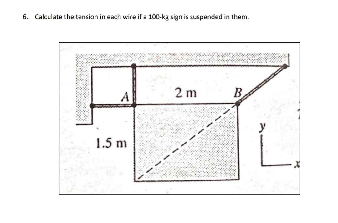 6. Calculate the tension in each wire if a 100-kg sign is suspended in them.
A
2 m
B
y
1.5 m
