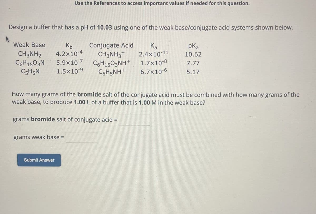 Use the References to access important values if needed for this question.
Design a buffer that has a pH of 10.03 using one of the weak base/conjugate acid systems shown below.
C5H5N
Weak Base Kb Conjugate Acid
CH3NH2
4.2×10-4
CH3NH3+
C6H1503N 5.9x10-7 C6H1503NH+
1.5x10-9
Ka
pka
2.4x10-11
10.62
CsH5NH*
1.7x10-8
6.7x10-6
7.77
5.17
How many grams of the bromide salt of the conjugate acid must be combined with how many grams of the
weak base, to produce 1.00 L of a buffer that is 1.00 M in the weak base?
grams bromide salt of conjugate acid =
grams weak base =
Submit Answer