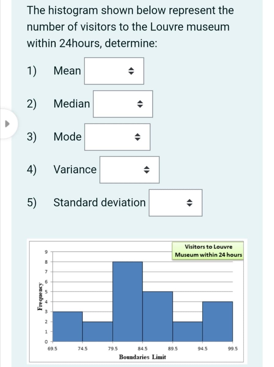 The histogram shown below represent the
number of visitors to the Louvre museum
within 24hours, determine:
1)
Mean
2)
Median
3)
Mode
4)
Variance
5)
Standard deviation
Visitors to Louvre
9
Museum within 24 hours
8.
7
2
1
69.5
74.5
79.5
84.5
89.5
94.5
99.5
Boundaries Limit
Frequency
