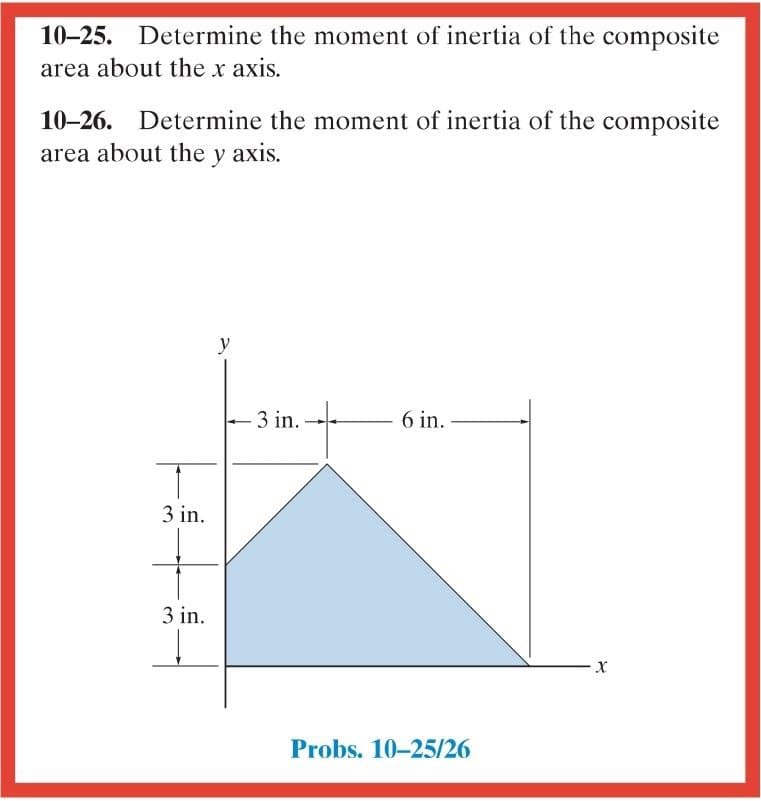 10–25. Determine the moment of inertia of the composite
area about the x axis.
10-26. Determine the moment of inertia of the composite
area about the y axis.
y
3 in.
6 in.
3 in.
3 in.
Probs. 10-25/26
