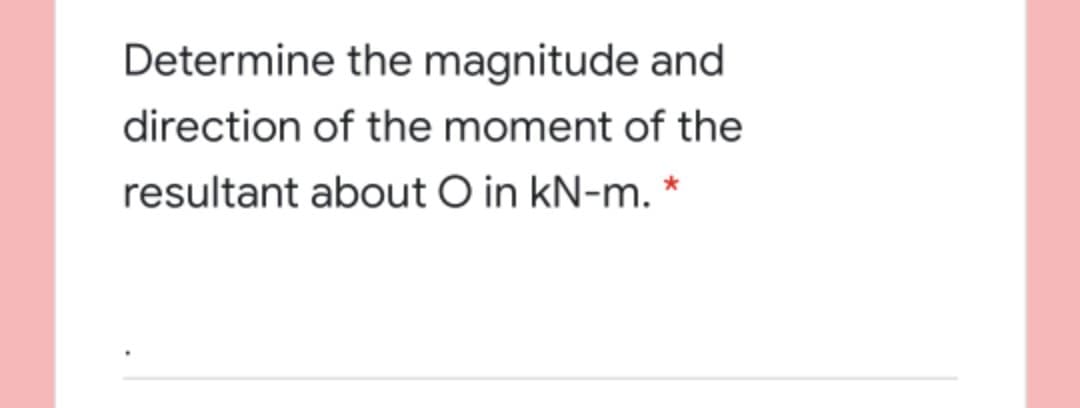 Determine the magnitude and
direction of the moment of the
resultant about O in kN-m. *
