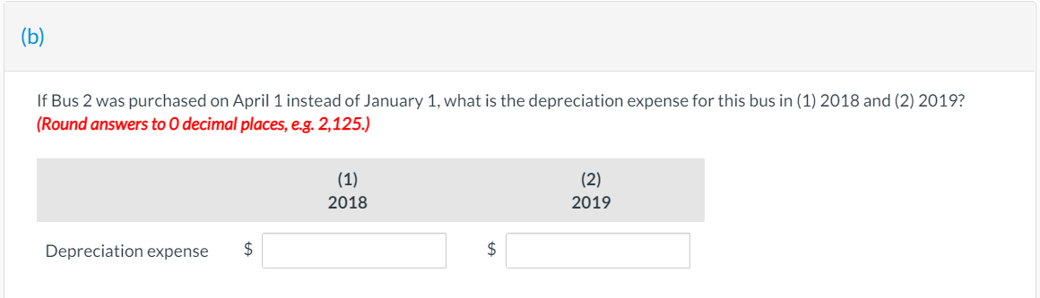 (b)
If Bus 2 was purchased on April 1 instead of January 1, what is the depreciation expense for this bus in (1) 2018 and (2) 2019?
(Round answers to 0 decimal places, e.g. 2,125.)
(1)
(2)
2018
2019
Depreciation expense
$
$
