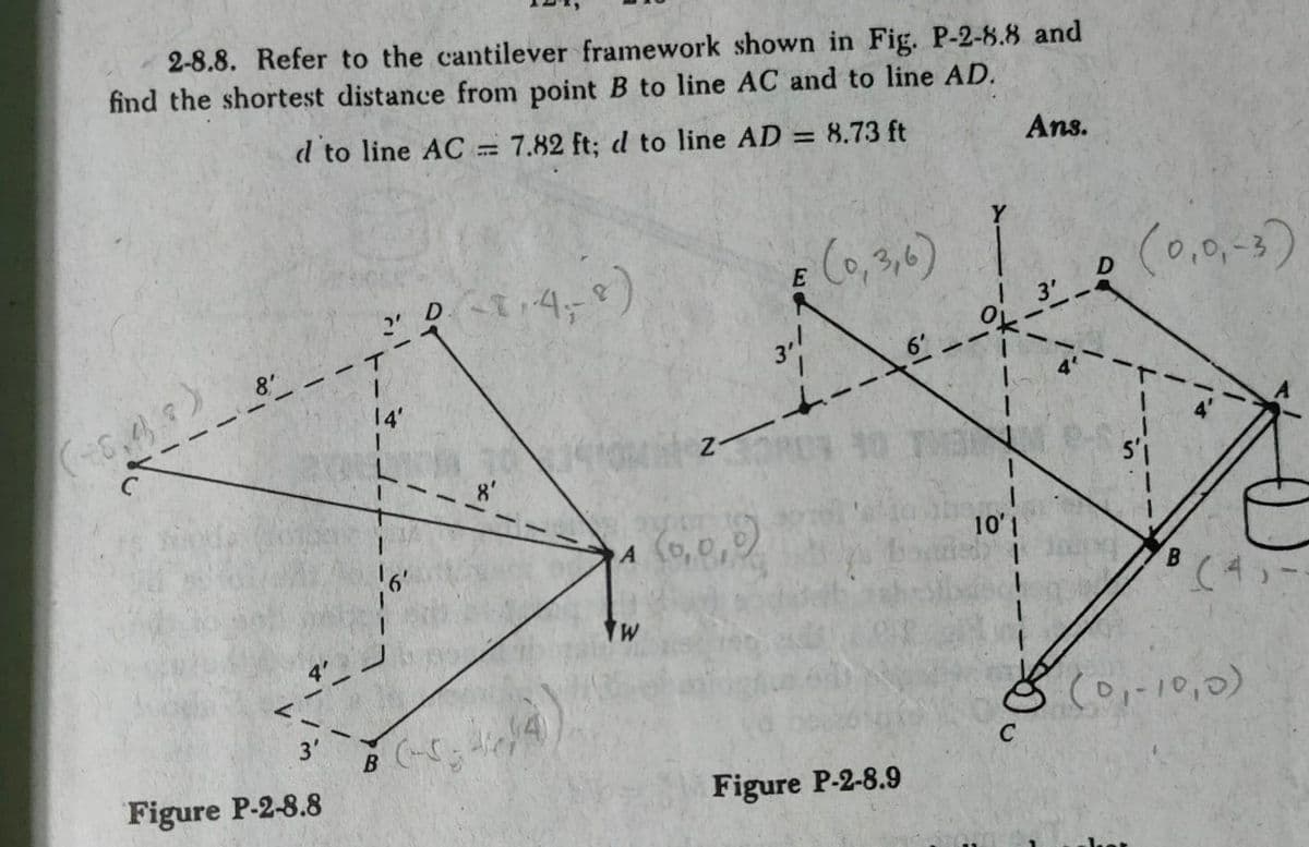 2-8.8. Refer to the cantilever framework shown in Fig. P-2-8.8 and
find the shortest distance from point B to line AC and to line AD.
d to line AC = 7.82 ft; d to line AD = 8.73 ft
Ans.
%3D
C0,3,6)
D
3'
(0,0,-3)
6'
14'
5'1
8'
10'1
B.
co,-10,0)
3'
B
C
Figure P-2-8.8
Figure P-2-8.9
V
