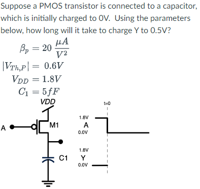 Suppose a PMOS transistor is connected to a capacitor,
which is initially charged to OV. Using the parameters
below, how long will it take to charge Y to 0.5V?
A
Bp=20
ΜΑ
V2
Vrh,P = 0.6V
VDD = 1.8V
C₁ = 5fF
VDD
M1
1.8V
A
0.0V
요
C1
1.8V
Y
0.0V