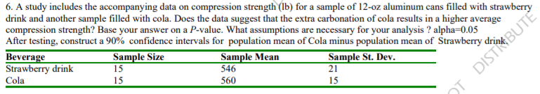 6. A study includes the accompanying data on compression strength (lb) for a sample of 12-oz aluminum cans filled with strawberry
drink and another sample filled with cola. Does the data suggest that the extra carbonation of cola results in a higher average
compression strength? Base your answer on a P-value. What assumptions are necessary for your analysis ? alpha=0.05
After testing, construct a 90% confidence intervals for population mean of Cola minus population mean of Strawberry
Beverage
Strawberry drink
Cola
Sample Size
15
Sample Mean
546
Sample St. Dev.
21
15
560
15
DI DISTRBUTÉ
