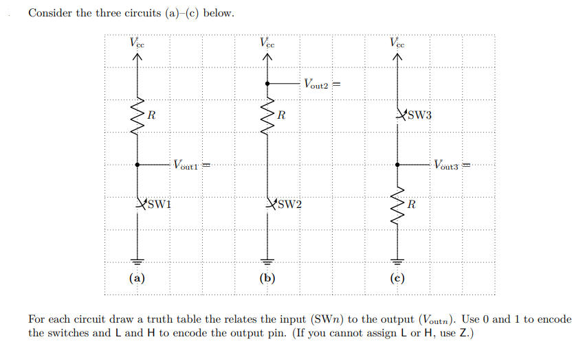 Consider the three circuits (a)-(c) below.
Vec
(a)
R
SWI
Vout1
Vec
←
(b)
R
SW2
Vout2
||
Vec
←
(e)
SW3
R
Vout3
For each circuit draw a truth table the relates the input (SWn) to the output (Voutn). Use 0 and 1 to encode
the switches and L and H to encode the output pin. (If you cannot assign L or H, use Z.)