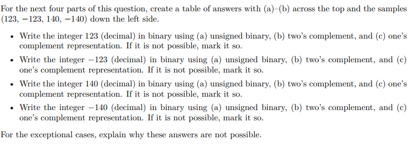 For the next four parts of this question, create a table of answers with (a)-(b) across the top and the samples
(123, 123, 140, -140) down the left side.
• Write the integer 123 (decimal) in binary using (a) unsigned binary, (b) two's complement, and (c) one's
complement representation. If it is not possible, mark it so.
• Write the integer -123 (decimal) in binary using (a) unsigned binary, (b) two's complement, and (c)
one's complement representation. If it is not possible, mark it so.
• Write the integer 140 (decimal) in binary using (a) unsigned binary, (b) two's complement, and (c) one's
complement representation. If it is not possible, mark it so.
• Write the integer -140 (decimal) in binary using (a) unsigned binary, (b) two's complement, and (c)
one's complement representation. If it is not possible, mark it so.
For the exceptional cases, explain why these answers are not possible.