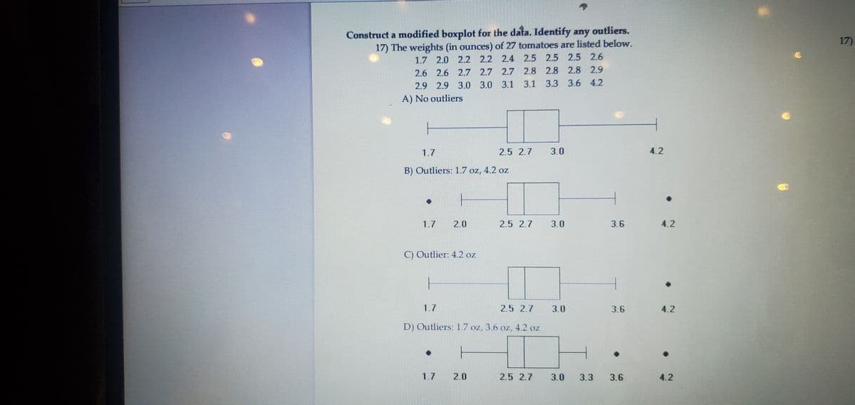 Construct a modified boxplot for the data. Identify any outliers.
17) The weights (in ounces) of 27 tomatoes are listed below.
1.7 2.0 2.2 2.2 2.4 2.5 2.5 2.5 2.6
17)
2.6 2.6 2.7 2.7 2.7 2.8 2.8 2.8 2.9
3.3 3.6 4.2
2.9 2.9 3.0 3.0 3.1 3.1
A) No outliers
1.7
2.5 2.7
3.0
4.2
B) Outliers: 1.7 oz, 4.2 oz
1.7
2.0
2.5 2.7
3.0
3.6
4.2
C) Outlier: 4.2 oz
1.7
2.5 2.7
3.0
3.6
4.2
D) Outliers: 1.7 oz, 3.6 oz, 4.2 oz
1.7
2.0
2.5 2.7
3.0
3.3
3.6
4.2
