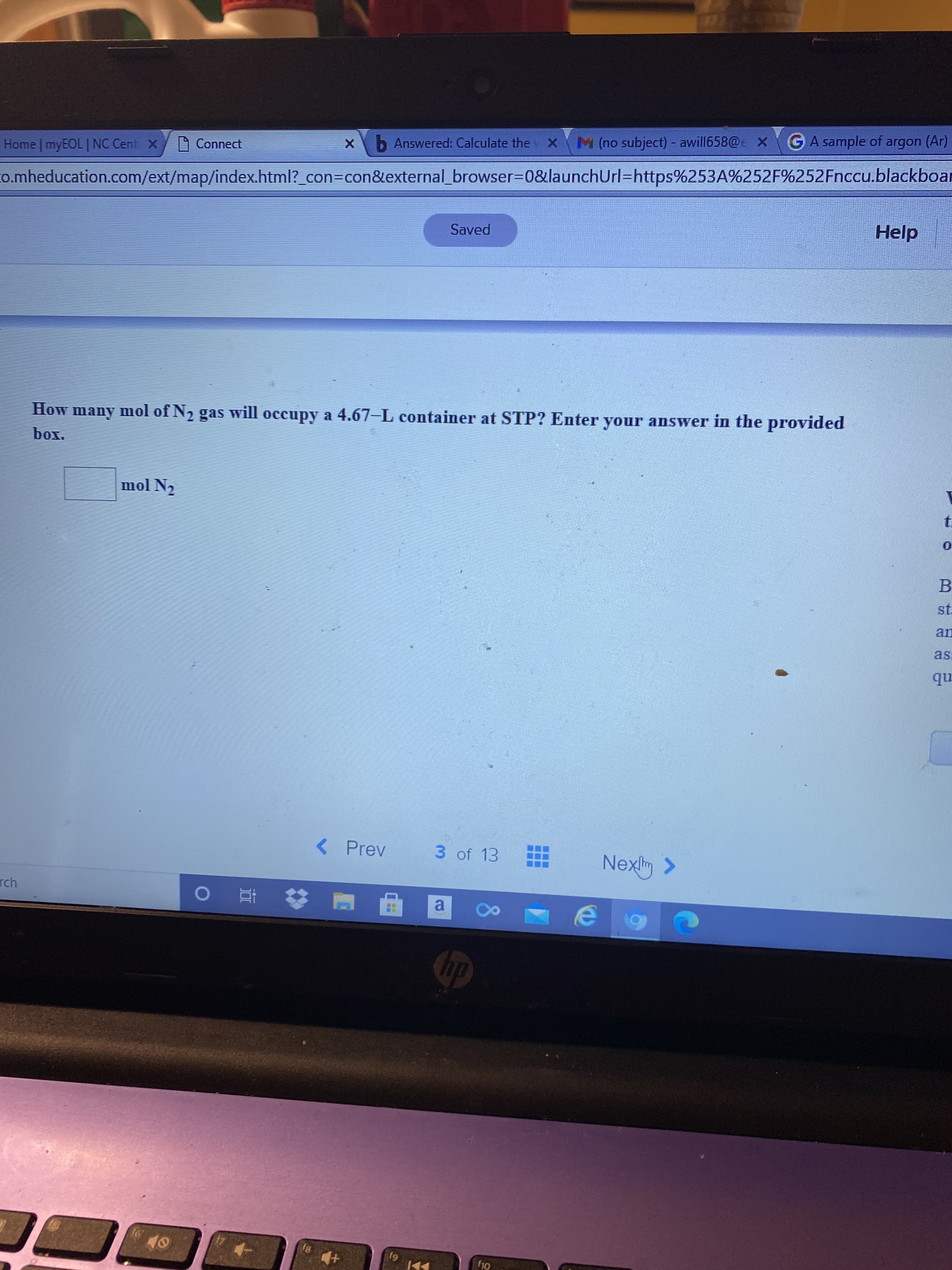 Нow
many
mol of N2 gas will occupy a 4.67-L container at STP? Enter your answer in the provided
box.
mol N2
