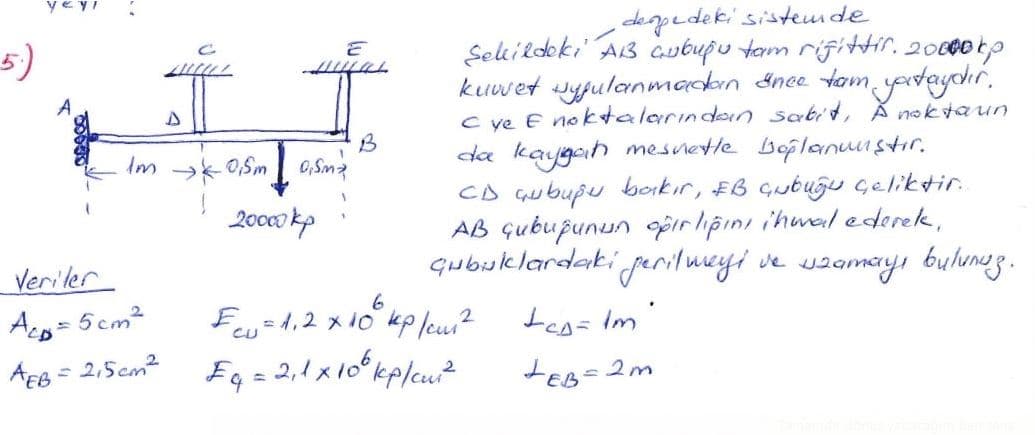 yeyı
depedeki sisteude
Sekildeki AB ubupu tam rifittir, 20000kp
kuwet wyjulanmadbon dnee tamyortaydır,
C ye E noktalarındo sabit, Ă noktaun
da kaygah mesnetle boflanunstir.
CD Gubupu bokır, EB Gubugu çeliktir.
AB Gubupunun gpirlipını ihuel ederek,
qubuklardaki jerilueyi ve wzamayı bulunez.
5)
B
Im *
0,Sm
20000 kp
Veriler
6
Aco = 5cm2
ArB = 2,5cm² Eg = 2,1 x10 kplcut
E„=4,2 x10 kp leui?
FEB- 2m
