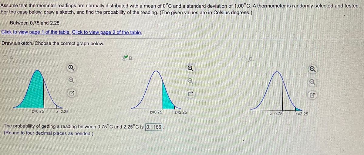 Assume that thermometer readings are normally distributed with a mean of 0°C and a standard deviation of 1.00°C. A thermometer is randomly selected and tested.
For the case below, draw a sketch, and find the probability of the reading. (The given values are in Celsius degrees.)
Between 0.75 and 2.25
Click to view page 1 of the table. Click to view page 2 of the table.
Draw a sketch. Choose the correct graph below.
B.
z-0.75
z=2.25
z=0.75
z=2.25
z-0.75
z=2.25
The probability of getting a reading between 0.75°C and 2.25°C is 0.1186
(Round to four decimal places as needed.)
