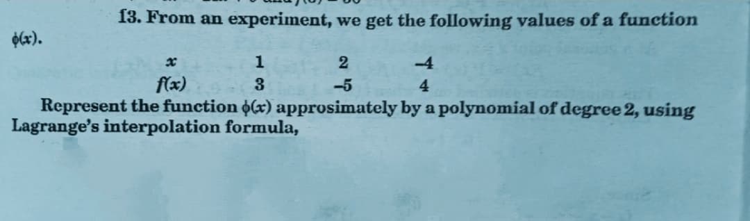 13. From an experiment, we get the following values of a function
O(x).
1
-4
f(x)
3
-5
4
Represent the function o(x) approsimately by a polynomial of degree 2, using
Lagrange's interpolation formula,
