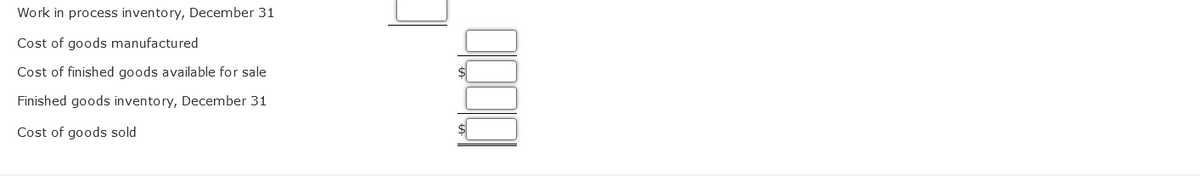 Work in process inventory, December 31
Cost of goods manufactured
Cost of finished goods available for sale
Finished goods inventory, December 31
Cost of goods sold
0000
$
$