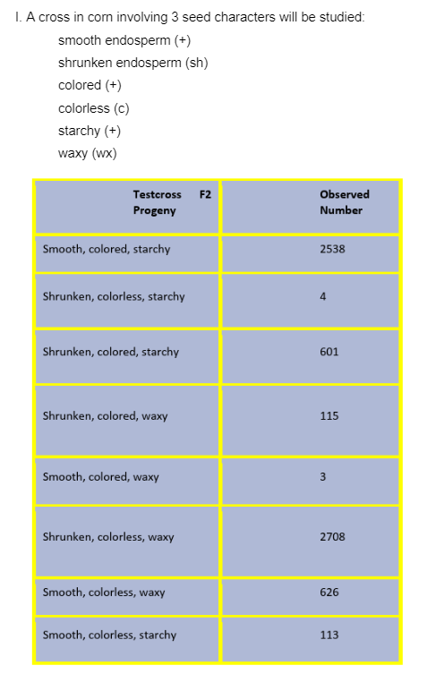 I. A cross in corn involving 3 seed characters will be studied:
smooth endosperm (+)
shrunken endosperm (sh)
colored (+)
colorless (c)
starchy (+)
waxy (wx)
Testcross F2
Progeny
Smooth, colored, starchy
Shrunken, colorless, starchy
Shrunken, colored, starchy
Shrunken, colored, waxy
Smooth, colored, waxy
Shrunken, colorless, waxy
Smooth, colorless, waxy
Smooth, colorless, starchy
Observed
Number
2538
601
115
3
2708
626
113