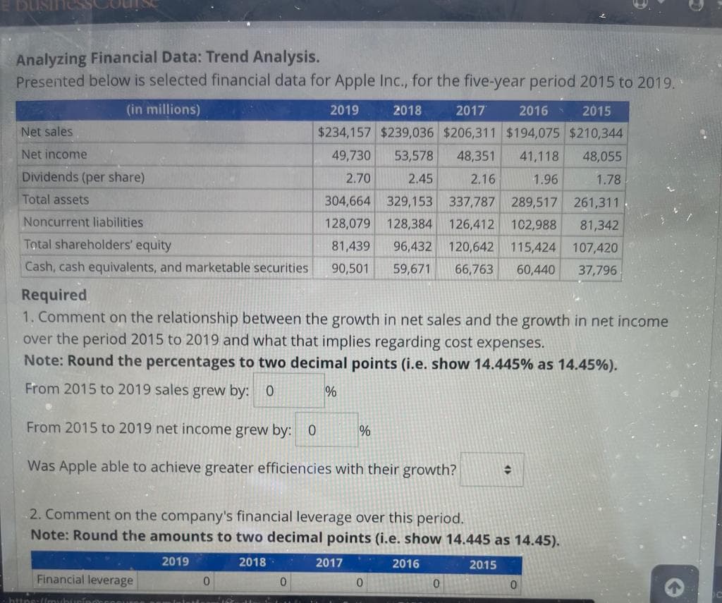 Analyzing Financial Data: Trend Analysis.
Presented below is selected financial data for Apple Inc., for the five-year period 2015 to 2019.
(in millions)
Net sales
Net income
Dividends (per share)
Total assets
Noncurrent liabilities
Total shareholders' equity
Cash, cash equivalents, and marketable securities
Required
1. Comment on the relationship between the growth in net sales and the growth in net income
over the period 2015 to 2019 and what that implies regarding cost expenses.
Note: Round the percentages to two decimal points (i.e. show 14.445% as 14.45%).
From 2015 to 2019 sales grew by: 0
%
From 2015 to 2019 net income grew by: 0 %
Was Apple able to achieve greater efficiencies with their growth?
Financial leverage
2. Comment on the company's financial leverage over this period.
Note: Round the amounts to two decimal points (i.e. show 14.445 as 14.45).
2019
2018
2015
https:
2019 2018 2017 2016 2015
$234,157 $239,036 $206,311 $194,075 $210,344
49,730 53,578 48,351 41,118 48,055
1.78
1.96
2.70
2.45 2.16
304,664 329,153 337,787 289,517 261,311
128,079 128,384 126,412 102,988 81,342
81,439 96,432 120,642 115,424 107,420
90,501 59,671 66,763 60,440 37,796
0
0
2017
0
2016
→
0
0