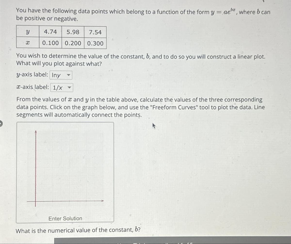 You have the following data points which belong to a function of the form y = aeba, where b can
be positive or negative.
y
4.74 5.98 7.54
I 0.100 0.200 0.300
You wish to determine the value of the constant, b, and to do so you will construct a linear plot.
What will you plot against what?
y-axis label: Iny
x-axis label: 1/x
4
From the values of x and y in the table above, calculate the values of the three corresponding
data points. Click on the graph below, and use the "Freeform Curves" tool to plot the data. Line
segments will automatically connect the points.
Enter Solution
What is the numerical value of the constant, b?