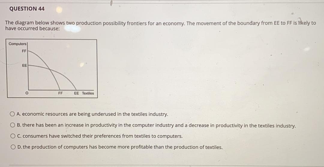 QUESTION 44
The diagram below shows two production possibility frontiers for an economy. The movement of the boundary from EE to FF is likely to
have occurred because:
Computers
FF
EE
FF
EE Textiles
O A. economic resources are being underused in the textiles industry.
B. there has been an increase in productivity in the computer industry and a decrease in productivity in the textiles industry.
O C. consumers have switched their preferences from textiles to computers.
O D. the production of computers has become more profitable than the production of textiles.
