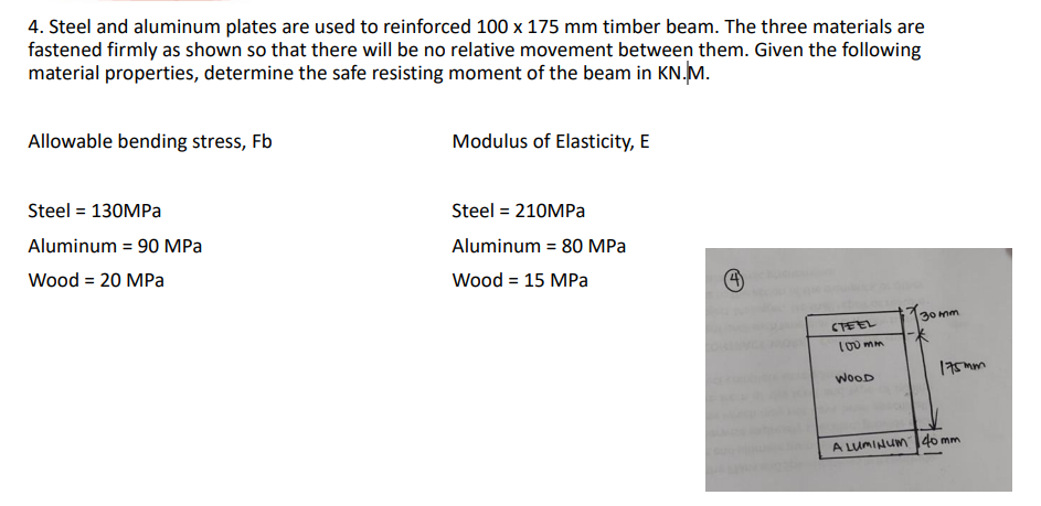 4. Steel and aluminum plates are used to reinforced 100 x 175 mm timber beam. The three materials are
fastened firmly as shown so that there will be no relative movement between them. Given the following
material properties, determine the safe resisting moment of the beam in KN.M.
Allowable bending stress, Fb
Modulus of Elasticity, E
Steel = 130MPA
Steel = 210MPA
Aluminum = 90 MPa
Aluminum = 80 MPa
Wood = 20 MPa
Wood = 15 MPa
30 mm
CTEEL
WOOD
ww.skl
A LUMINUM 140 mm
