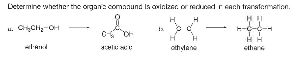 Determine whether the organic compound is oxidized or reduced in each transformation.
H H
H-C-C-H
a. CH3CH2-OH
C=
b.
CH OH
H H
ethanol
acetic acid
ethylene
ethane
O=
