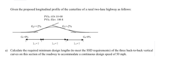 Given the proposed longitudinal profile of the centerline of a rural two-lane highway as follows:
PVLu STN 10+0)
PVL: Elev. 100 ft
G-2%
Ge0%
L=?
Ly=?
a) Calculate the required minimum design lengths (to meet the SSD requirements) of the three back-to-back vertical
curves on this section of the roadway to accommodate a continuous design speed of 50 mph.
