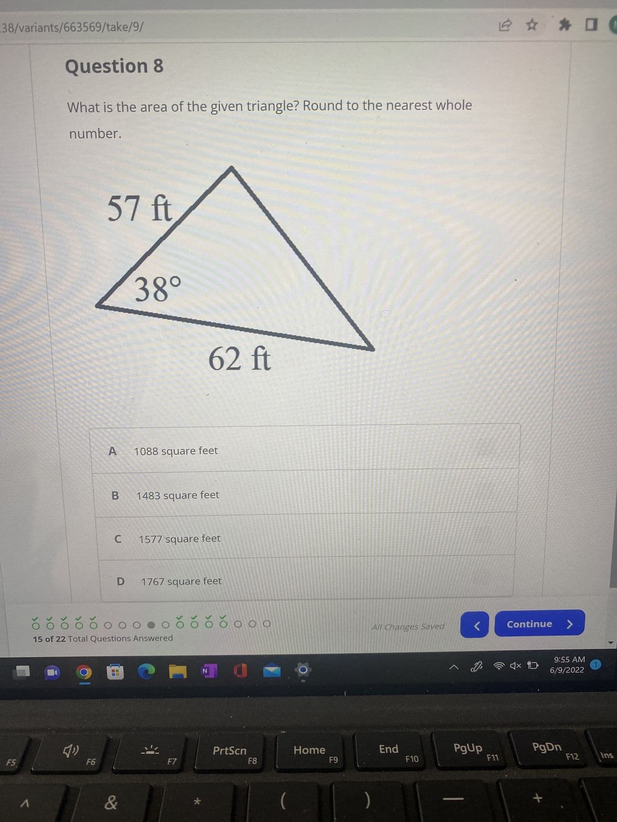 ### Question 8
**What is the area of the given triangle? Round to the nearest whole number.**

A triangle is provided with the following measurements:
- One side is labeled as 57 feet
- Another side is labeled as 62 feet
- An angle between these two sides is labeled as 38°

#### Answer Choices:
A. 1088 square feet  
B. 1483 square feet  
C. 1577 square feet  
D. 1767 square feet  

#### Solution:
To find the area of a triangle when two sides and the included angle are known, use the formula:
\[ \text{Area} = \frac{1}{2}ab\sin(C) \]
Where:
- \( a \) and \( b \) are the lengths of the two sides
- \( C \) is the included angle

Substitute the given values:
\[ a = 57 \, \text{ft}, b = 62 \, \text{ft}, \text{and } C = 38^\circ \]
\[ \text{Area} = \frac{1}{2} \times 57 \times 62 \times \sin(38^\circ) \]

By calculating the sine of 38 degrees and solving,
\[ \sin(38^\circ) \approx 0.6157 \]
\[ \text{Area} \approx \frac{1}{2} \times 57 \times 62 \times 0.6157 \]
\[ \text{Area} \approx 1087.76 \, \text{square feet} \]

Rounded to the nearest whole number,
\[ \text{Area} \approx 1088 \, \text{square feet} \]

So, the correct answer is:
**A. 1088 square feet**