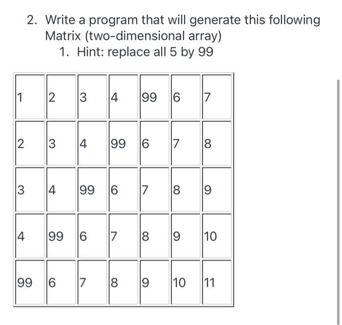 2. Write a program that will generate this following
Matrix (two-dimensional array)
1. Hint: replace all 5 by 99
1
2
3
4
99
6
17
3
4
99
6
7
3
4
99
7
8
4
99
6
8
10
99 6
17
9
10
11
