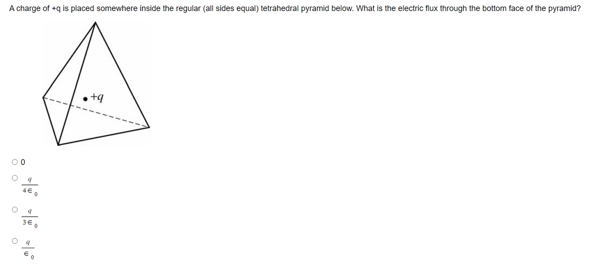 A charge of +q is placed somewhere inside the regular (all sides equal) tetrahedral pyramid below. What is the electric flux through the bottom face of the pyramid?
00
O
9
4€
9
3€ 0
0
+q
