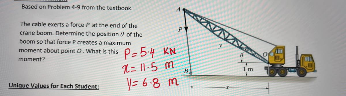 Based on Problem 4-9 from the textbook.
The cable exerts a force P at the end of the
crane boom. Determine the position of the
boom so that force P creates a maximum
moment about point O. What is this
moment?
Unique Values for Each Student:
A
P= 5.4
KN
x= 11.5 m
Y = 6-8 m
P
B
0
1'm
O
M
IMI
1