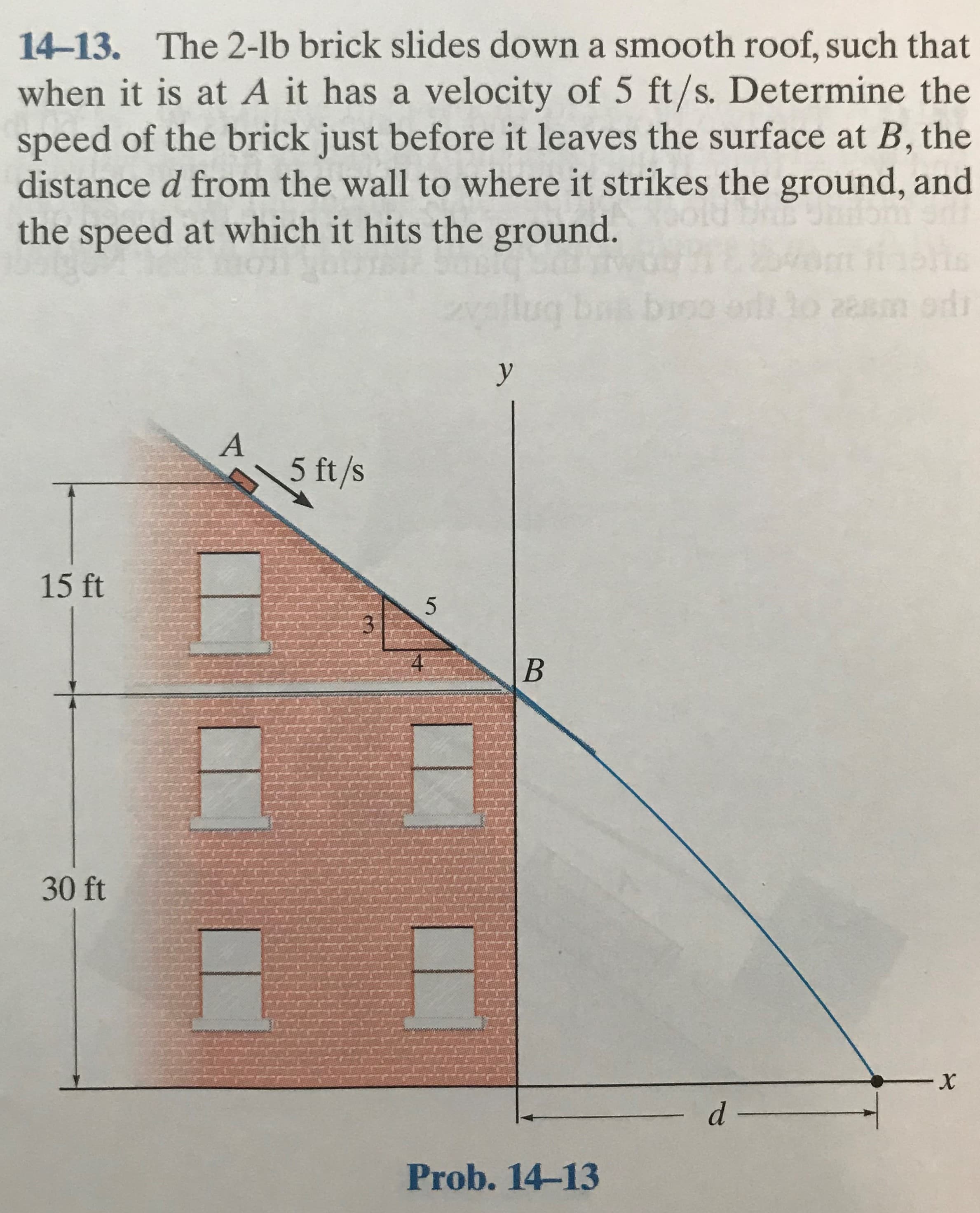 14-13. The 2-lb brick slides down a smooth roof, such that
when it is at A it has a velocity of 5 ft/s. Determine the
speed of the brick just before it leaves the surface at B, the
distance d from the wall to where it strikes the ground, and
the speed at which it hits the ground.
lug
to 22sm odi
broo
A
5 ft/s
15 ft
30 ft
Prob. 14-13
