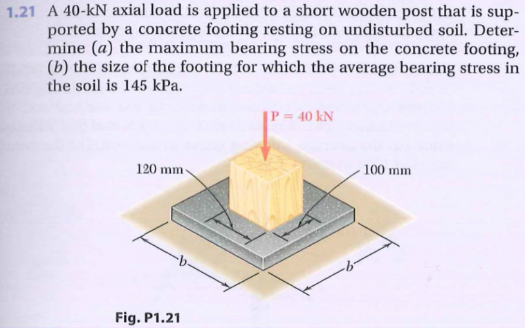 A 40-kN axial load is applied to a short wooden post that is sup-
ported by a concrete footing resting on undisturbed soil. Deter-
mine (a) the maximum bearing stress on the concrete footing,
(b) the size of the footing for which the average bearing stress in
the soil is 145 kPa.
