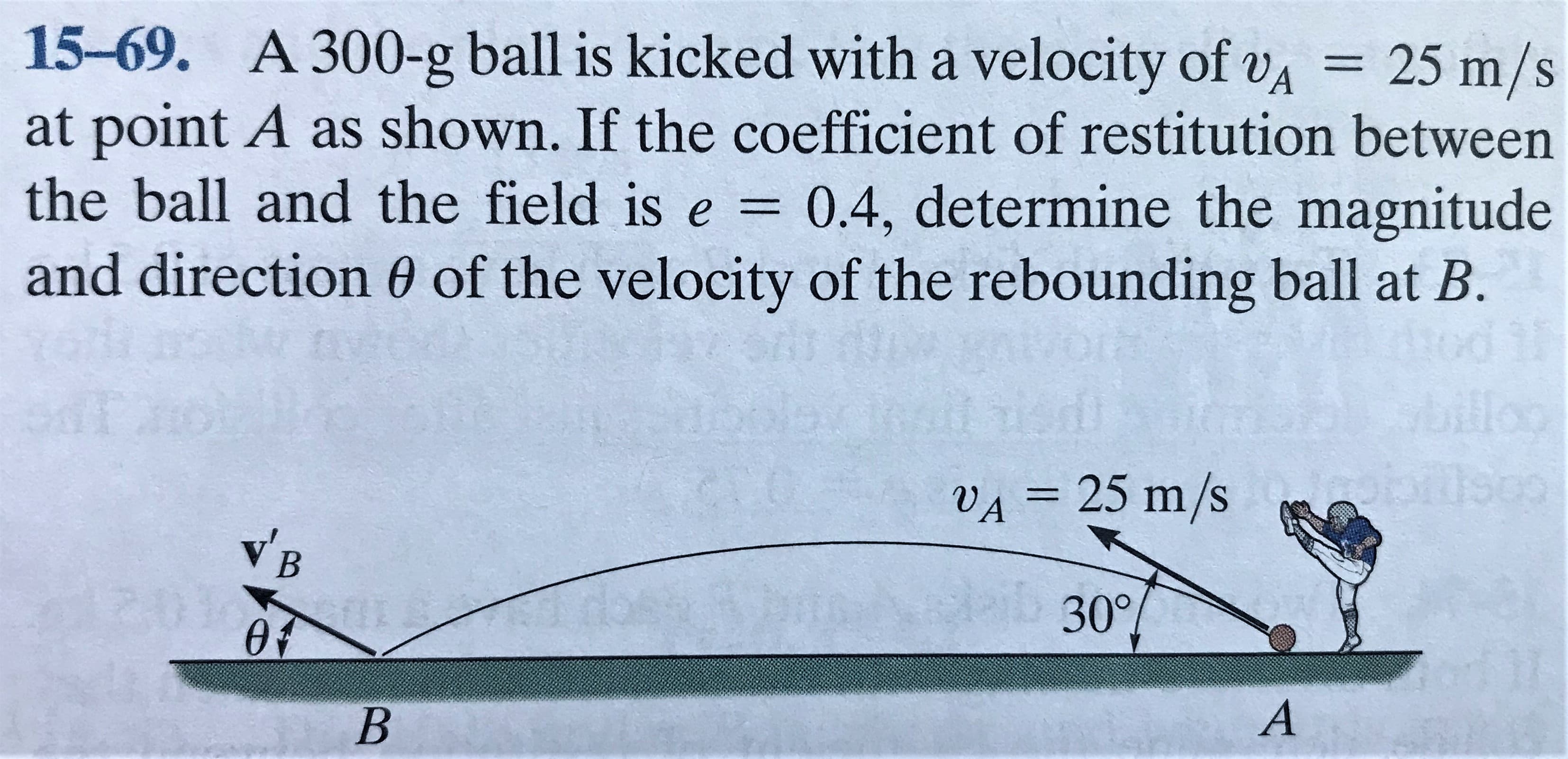 15-69. A 300-g ball is kicked with a velocity of va = 25 m/s
at point A as shown. If the coefficient of restitution between
the ball and the field is e = 0.4, determine the magnitude
and direction 0 of the velocity of the rebounding ball at B.
od 1
billoo
%3D
VĄ = 25 m/s e
%3D
v'B
30°
01
