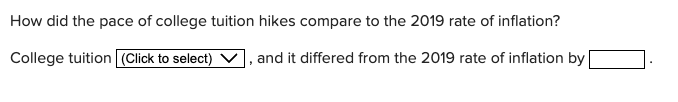 How did the pace of college tuition hikes compare to the 2019 rate of inflation?
College tuition (Click to select)
, and it differed from the 2019 rate of inflation by