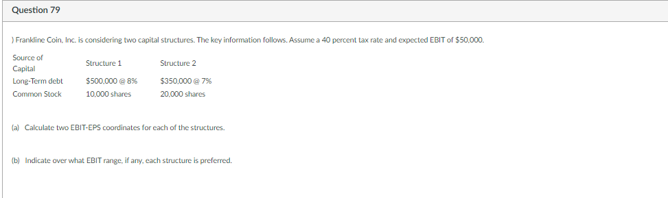 Question 79
) Frankline Coin, Inc. is considering two capital structures. The key information follows. Assume a 40 percent tax rate and expected EBIT of $50,000.
Source of
Capital
Long-Term debt
Common Stock
Structure 1
$500,000 @ 8%
10,000 shares
Structure 2
$350,000 @ 7%
20,000 shares
(a) Calculate two EBIT-EPS Coordinates for each of the structures.
(b) Indicate over what EBIT range, if any, each structure is preferred.