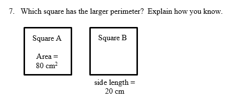 7. Which square has the larger perimeter? Explain how you know.
Square A
Square B
Area =
80 cm?
side length =
20 cm
