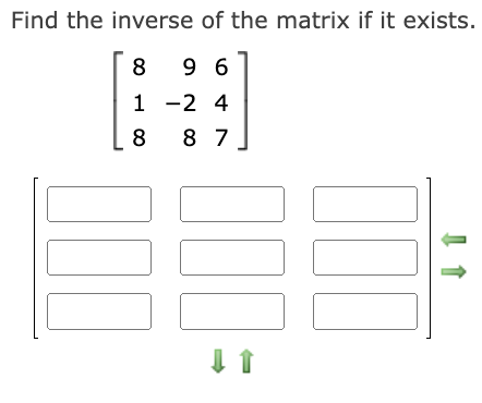 Find the inverse of the matrix if it exists.
8 96
1 -2 4
8
8 7
↓ 1