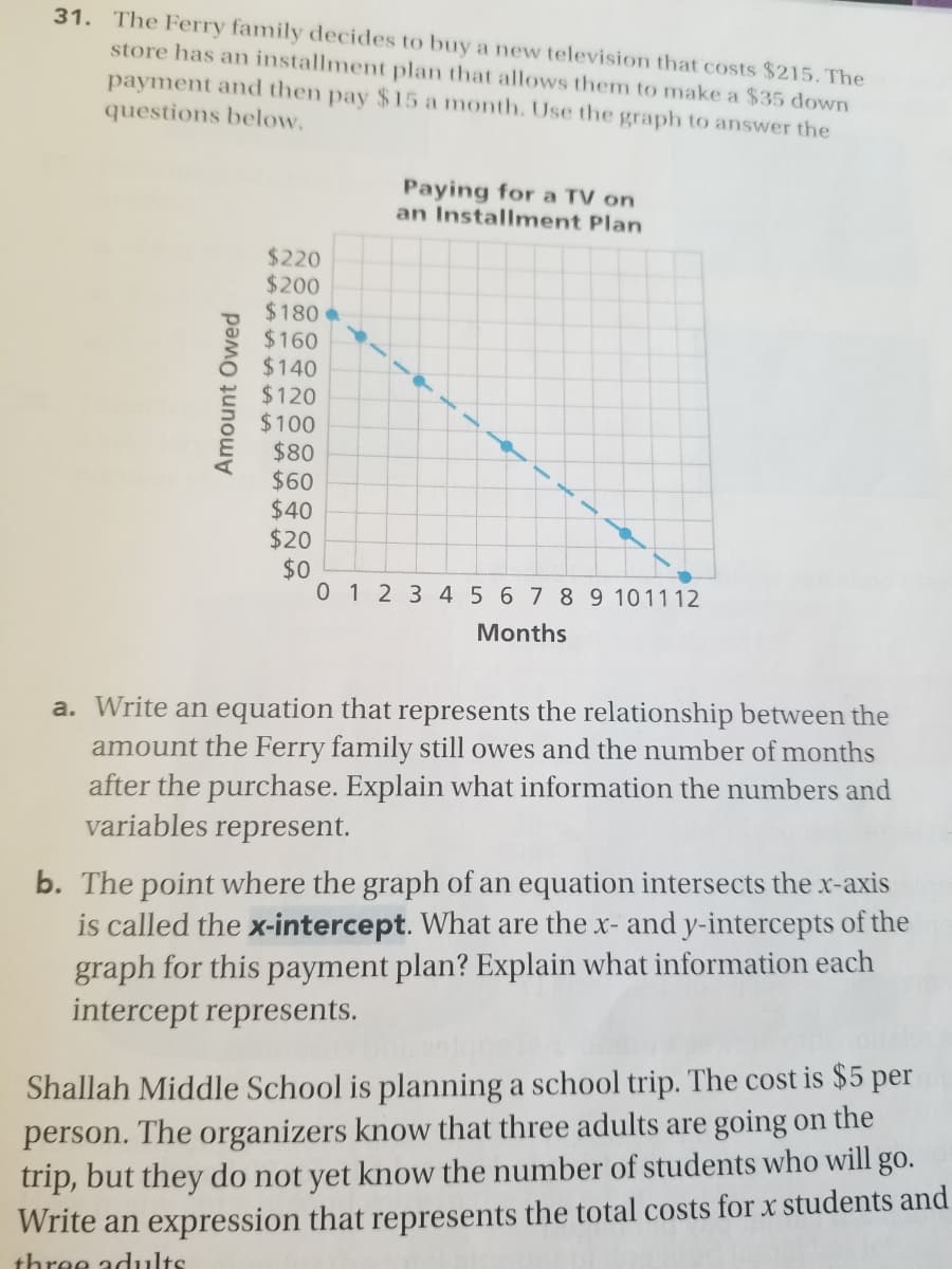 31. The Ferry family decides to buy a new television that costs $215.The
store has an installment plan that allows them to make a $35 down
payment and then pay $ 15 a month. Use the graph to answer the
questions below,
Paying for a TV on
an Installment Plan
$220
$200
$180
$160
$140
$120
$100
$80
$60
$40
$20
$0
0 1 2 3 4 5 6 7 89 101112
Months
a. Write an equation that represents the relationship between the
amount the Ferry family still owes and the number of months
after the purchase. Explain what information the numbers and
variables represent.
b. The point where the graph of an equation intersects the x-axis
is called the x-intercept. What are the x- and y-intercepts of the
graph for this payment plan? Explain what information each
intercept represents.
Shallah Middle School is planning a school trip. The cost is $5 per
person. The organizers know that three adults are going on the
trip, but they do not yet know the number of students who will go.
Write an expression that represents the total costs for x students and
three adults
Amount Owed
