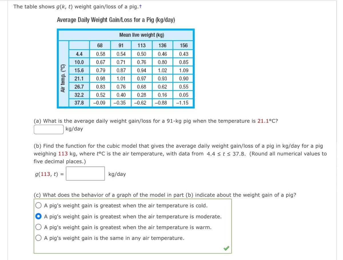 The table shows g(k, t) weight gain/loss of a pig.t
Average Daily Weight Gain/Loss for a Pig (kg/day)
Mean live weight (kg)
68
91
113
136
156
4.4
0.58
0.54
0.50
0.46
0.43
10.0
0.67
0.71
0.76
0.80
0.85
15.6
0.79
0.87
0.94
1.02
1.09
21.1
0.98
1.01
0.97
0.93
0.90
26.7
0.83
0.76
0.68
0.62
0.55
32.2
0.52
0.40
0.28
0.16
0.05
37.8
-0.09
-0.35
-0.62
-0.88
-1.15
(a) What is the average daily weight gain/loss for a 91-kg pig when the temperature is 21.1°C?
kg/day
(b) Find the function for the cubic model that gives the average daily weight gain/loss of a pig in kg/day for a pig
weighing 113 kg, where t°C is the air temperature, with data from 4.4 <t< 37.8. (Round all numerical values to
five decimal places.)
g(113, t) =
kg/day
(c) What does the behavior of a graph of the model in part (b) indicate about the weight gain of a pig?
A pig's weight gain is greatest when the air temperature is cold.
A pig's weight gain is greatest when the air temperature is moderate.
A pig's weight gain is greatest when the air temperature is warm.
A pig's weight gain is the same in any air temperature.
O O
Air temp. (°C)
