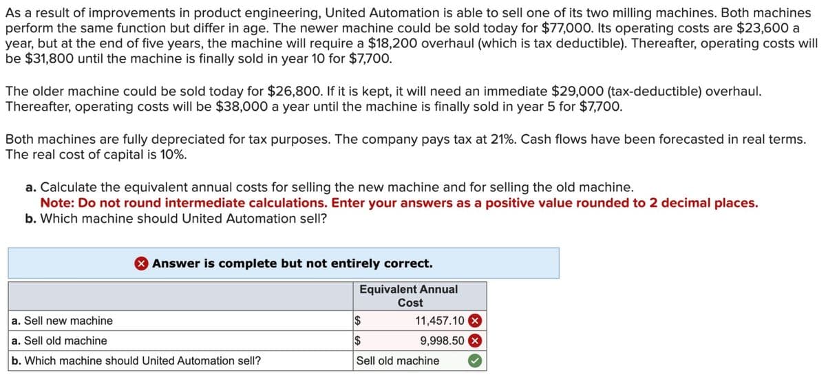 As a result of improvements in product engineering, United Automation is able to sell one of its two milling machines. Both machines
perform the same function but differ in age. The newer machine could be sold today for $77,000. Its operating costs are $23,600 a
year, but at the end of five years, the machine will require a $18,200 overhaul (which is tax deductible). Thereafter, operating costs will
be $31,800 until the machine is finally sold in year 10 for $7,700.
The older machine could be sold today for $26,800. If it is kept, it will need an immediate $29,000 (tax-deductible) overhaul.
Thereafter, operating costs will be $38,000 a year until the machine is finally sold in year 5 for $7,700.
Both machines are fully depreciated for tax purposes. The company pays tax at 21%. Cash flows have been forecasted in real terms.
The real cost of capital is 10%.
a. Calculate the equivalent annual costs for selling the new machine and for selling the old machine.
Note: Do not round intermediate calculations. Enter your answers as a positive value rounded to 2 decimal places.
b. Which machine should United Automation sell?
X Answer is complete but not entirely correct.
a. Sell new machine
a. Sell old machine
b. Which machine should United Automation sell?
Equivalent Annual
Cost
11,457.10
9,998.50
$
$
Sell old machine