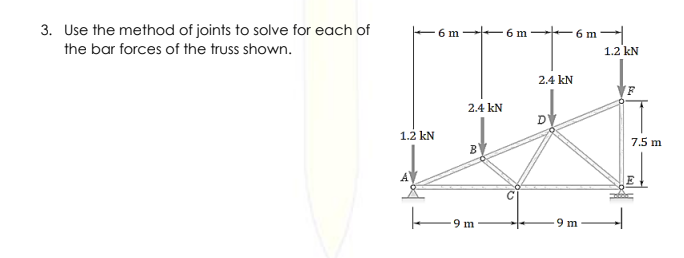 3. Use the method of joints to solve for each of
6 m-
6 m
6 m
the bar forces of the truss shown.
1.2 kN
2.4 kN
2.4 kN
1.2 kN
7.5 m
9 m
9 m
