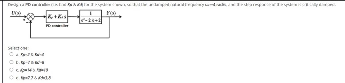 Design a PD controller (i.e. find Kp & Kd) for the system shown, so that the undamped natural frequency wn=4 rad/s, and the step response of the system is critically damped.
U(s)
1
Y(s)
K,+Kas
s²-2 s+2
PD controller
Select one:
O a. Kp=2 & Kd=4
O b. Kp=7 & Kd=8
O c. Kp=14 & Kd=10
O d. Kp=7.7 & Kd=3.8
