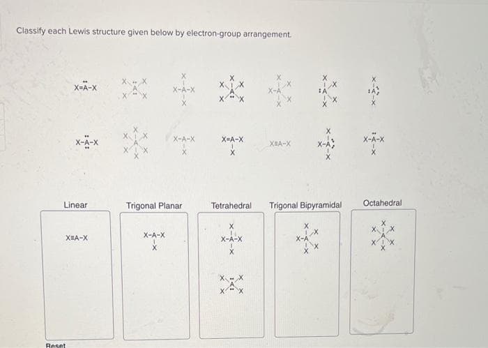 Classify each Lewis structure given below by electron-group arrangement.
X=Ä-X
X-A-X
Linear
Reset
XEA-X
X-A-X
X
Trigonal Planar
X-A-X
X
X=A-X
X
Tetrahedral
X
X-A-X
X
X
XX
XEA-X
Trigonal Bipyramidal
X
X-A-X
Octahedral