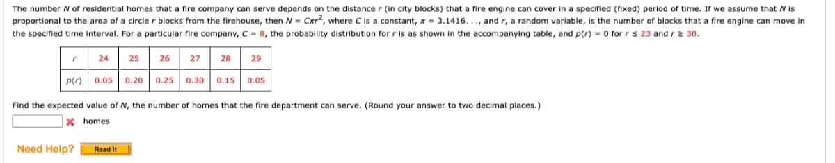 The number N of residential homes that a fire company can serve depends on the distance r (in city blocks) that a fire engine can cover in a specified (fixed) period of time. If we assume that Wis
proportional to the area of a circler blocks from the firehouse, then N = Car², where C is a constant, = 3.1416..., and r, a random variable, is the number of blocks that a fire engine can move in
the specified time interval. For a particular fire company, C= 8, the probability distribution for r is as shown in the accompanying table, and p(r) = 0 for r s 23 and r≥ 30.
r
24
Need Help?
25
26
Read It
27
28
p(r) 0.05 0.20 0.25 0.30 0.15 0.05
29
Find the expected value of N, the number of homes that the fire department can serve. (Round your answer to two decimal places.)
X homes