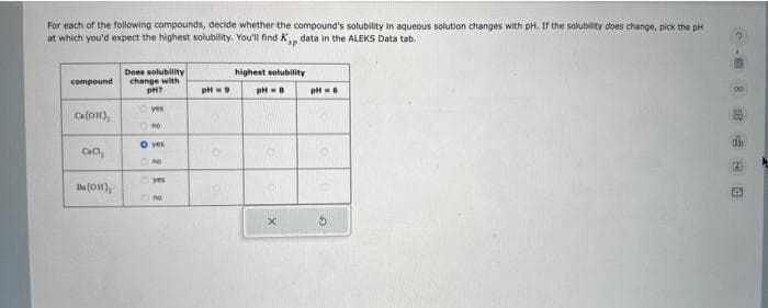 For each of the following compounds, decide whether the compound's solubility in aqueous solution changes with pH. If the solubility does change, pick the pH
at which you'd expect the highest solubility. You'll find K, data in the ALEKS Data tab.
compound
CaCl₂
Ba(OH),
Does solubility
change with
PH?
yes
no
o yes
no
yes
no
pH = 9
highest solubility
pH B
X
pH = 6
S
840