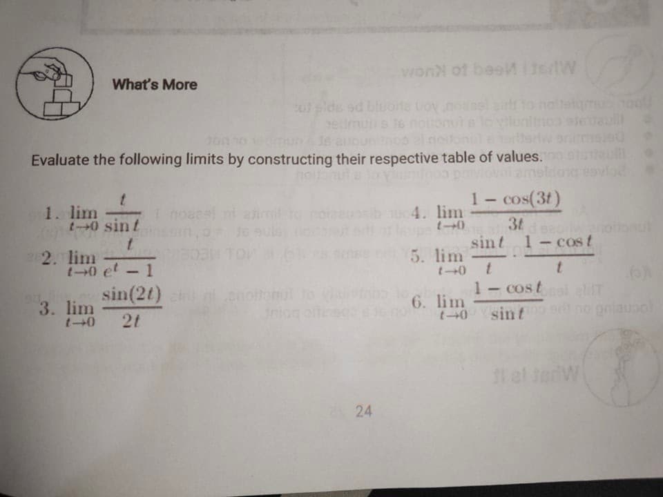 won of beeneW
What's More
ol slds sd bluorte toy noaasl airtr to noltelqmonoo
edmuns le nollonut lo vlunitnoa sleaull
Je auounitnoo al notonuererw animsed
Evaluate the following limits by constructing their respective table of values. tstaul
lovni ameldosg esvlo
hoanut
1- cos(3t)
1. lim
t-0 sin t
Inoaesi ni
4. lim
3t
sint
1-cost
2. lim
i-0 et - 1
5. lim
sin(2t)
t0 t
1- cost
3. lim
t40
6. lim
Jeno
aldT
et no pniausol
2t
Iniog otosc
sint
11
JedW
24
