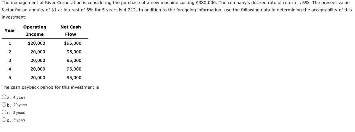 The management of River Corporation is considering the purchase of a new machine costing $380,000. The company's desired rate of return is 6%. The present value
factor for an annuity of $1 at interest of 6% for 5 years is 4.212. In addition to the foregoing information, use the following data in determining the acceptability of this
investment:
Operating
Net Cash
Year
Income
Flow
1
$20,000
$95,000
20,000
95,000
3
20,000
95,000
4
20,000
95,000
20,000
95,000
The cash payback period for this investment is
Oa. 4 years
Ob. 20 years
Ос. 3 уears
Od. 5 years
